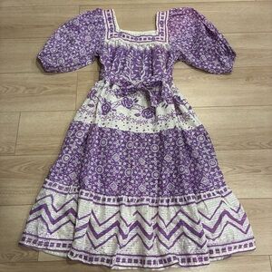 Vintage Ramona Rull Purple White Boho Peasant Muumuu Tiered Midi Dress Size AV/M